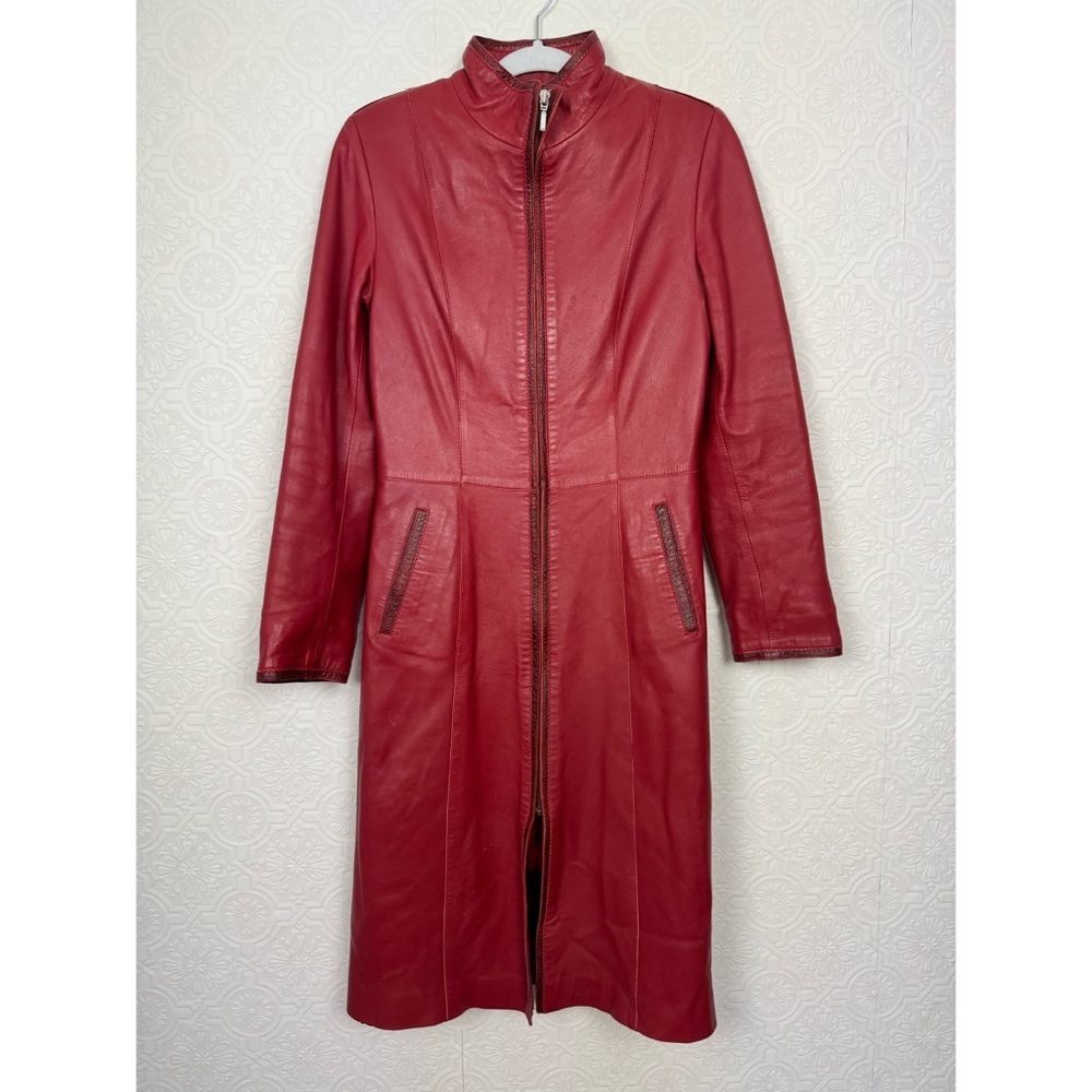 Vintage‎ Retro Red Leather Jacket Longline Trench Old School 90s Y2K Spice Girls
